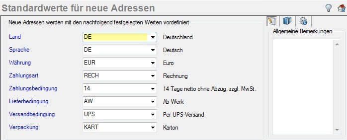 Screenshot Standardwerte Neue Adressen